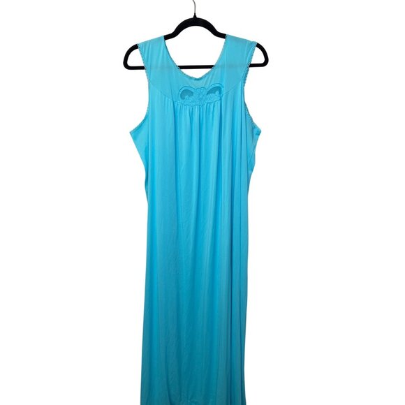 VTG Lorraine Nylon Nightgown LARGE Aqua Blue Sleeveless Long Lace Trim Made USA - Picture 1 of 8